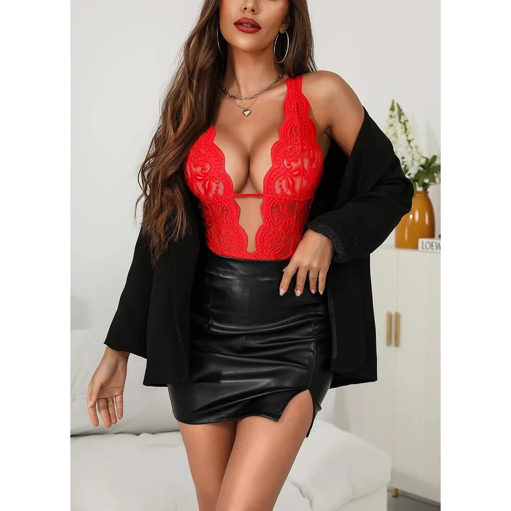 Aranmei Women's Red Sexy Lingerie Hollow Out Floral Lace Bodysuit One Piece M